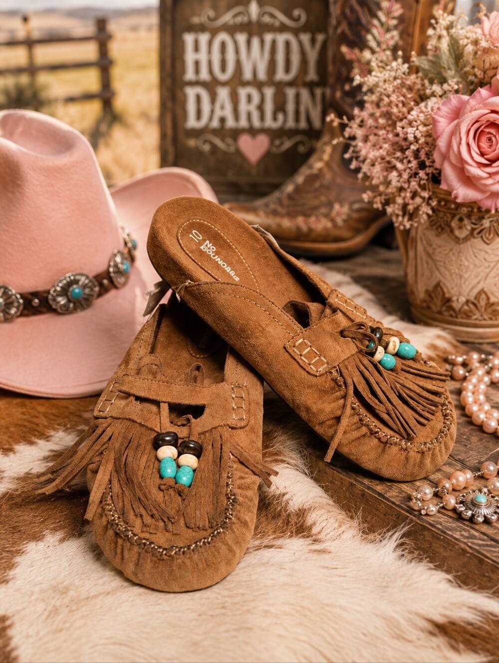 No Boundaries Faux Suede Fringe Beaded Moccasin Slides - Women's Size 10 - NWT